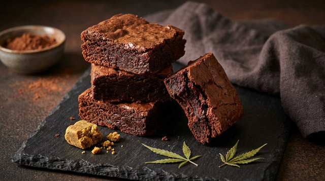 Kôpka vláčnych čokoládových hašišových brownies na bridlicovej doske s kúskom hašišu vedľa