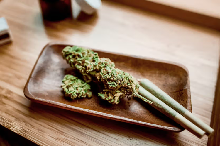 Cannabis kvet a predbalené jointy na drevenom servírovacom podnose