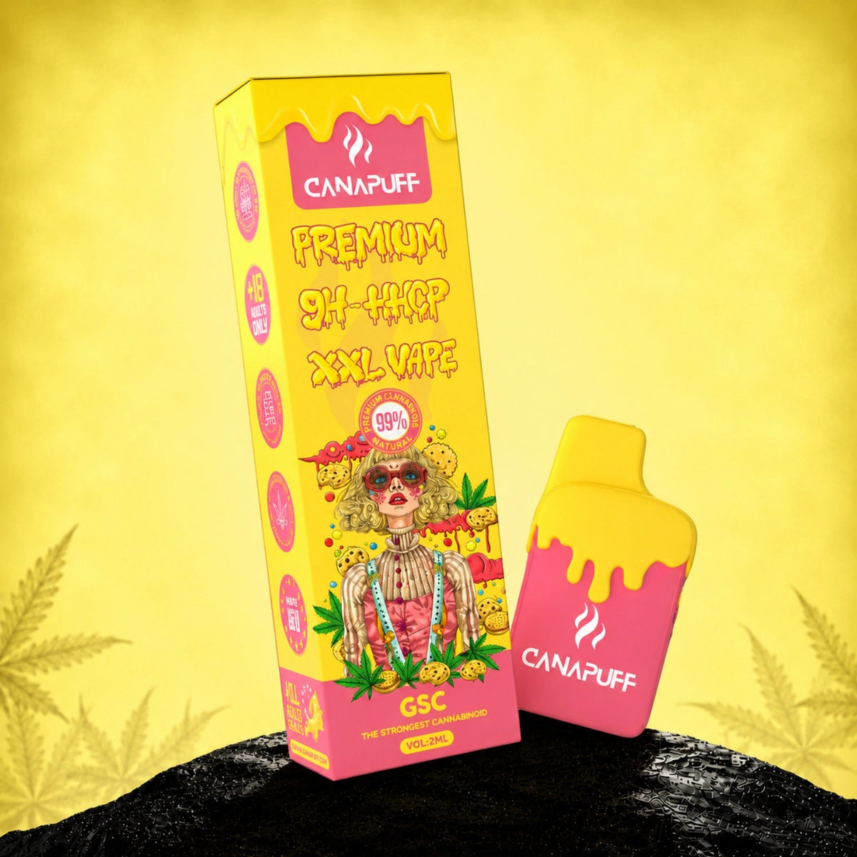 Canapuff 9H-HHCP XXL Vape GSC 99% 2ml jednorazové pero so žlto-ružovým balením