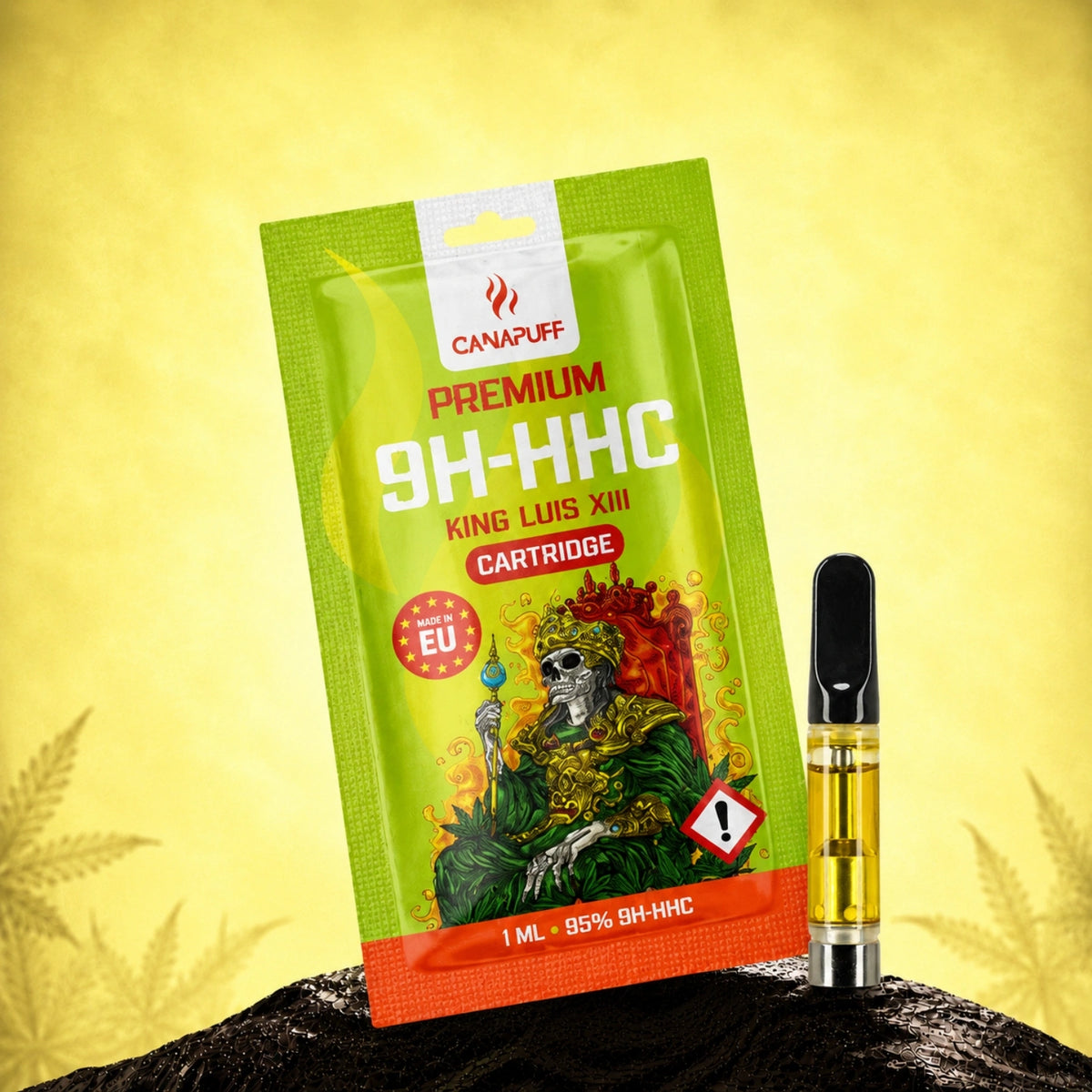 Canapuff 9H-HHC kazeta King Luis XIII, 1 ml, 95%, s obalom na žltom pozadí