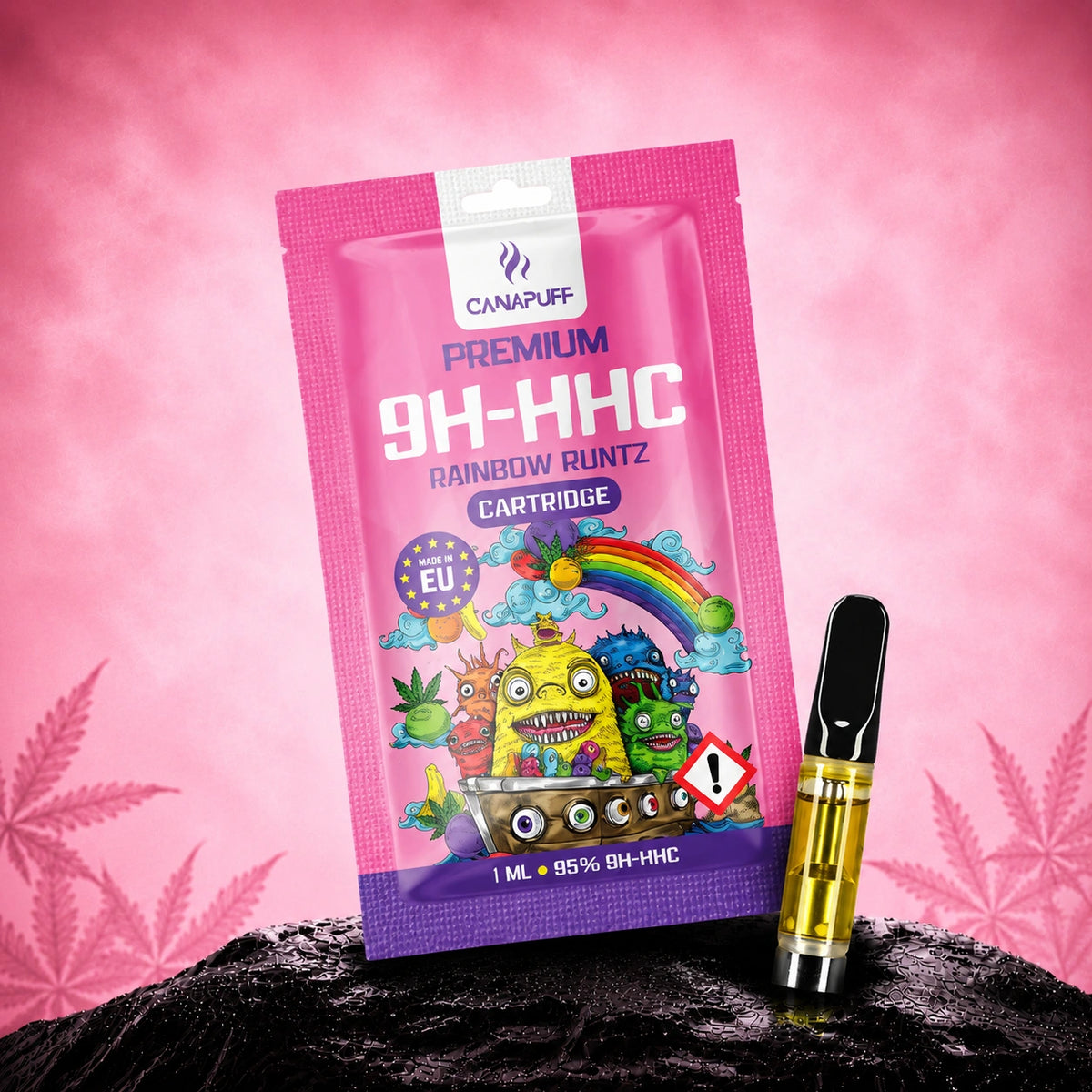 Canapuff 9H-HHC kazeta Rainbow Runtz 95%, 1 ml s ružovým balením a čiernym náustkom