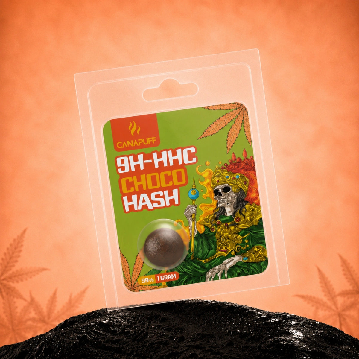 Canapuff 9H-HHC Hash Choco 99% 1 gram v priehľadnom blistri so zelenou etiketou a motívom lebky