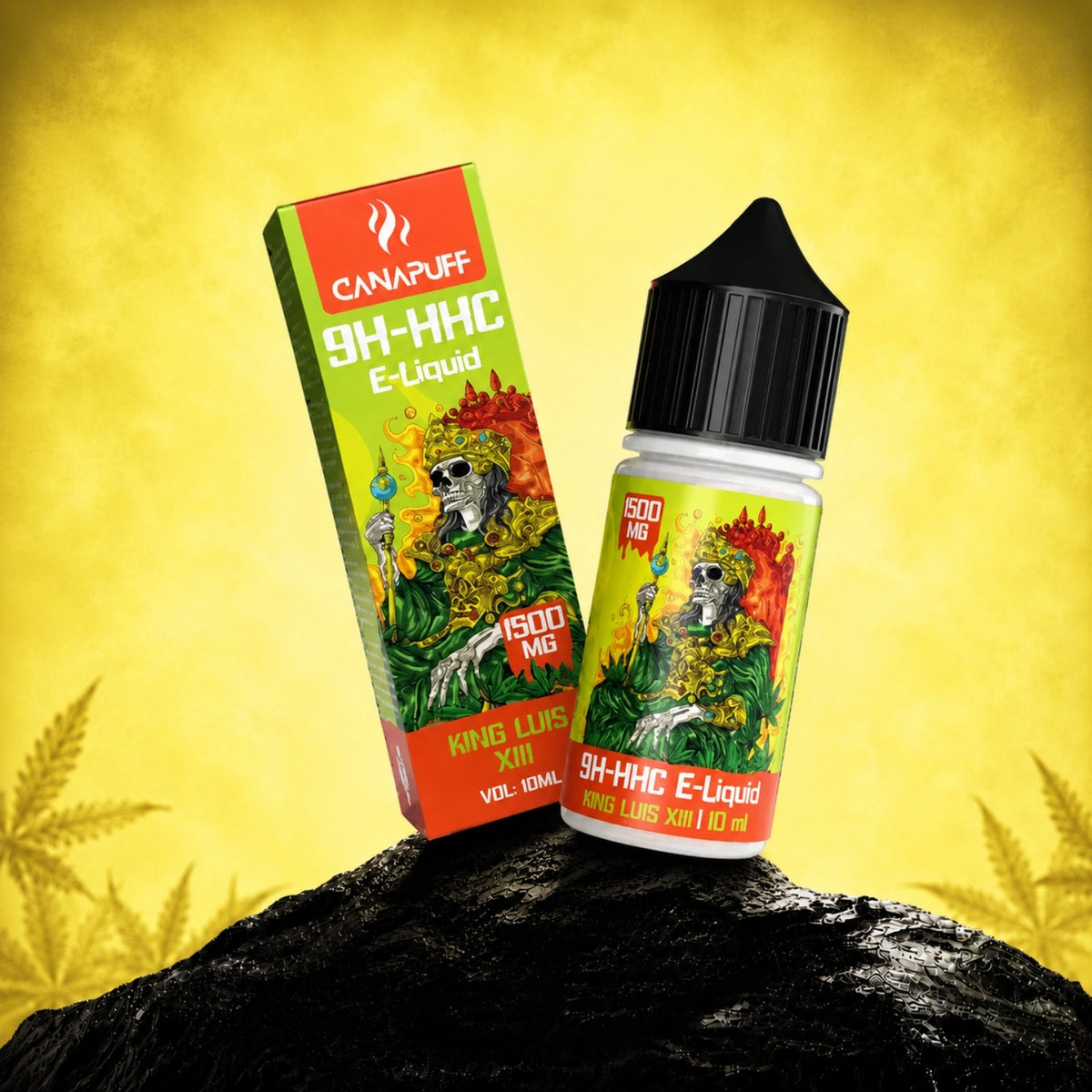 Canapuff 9H-HHC E-Liquid King Luis XIII 1500mg, 10ml fľaštička s krabičkou na žltom pozadí