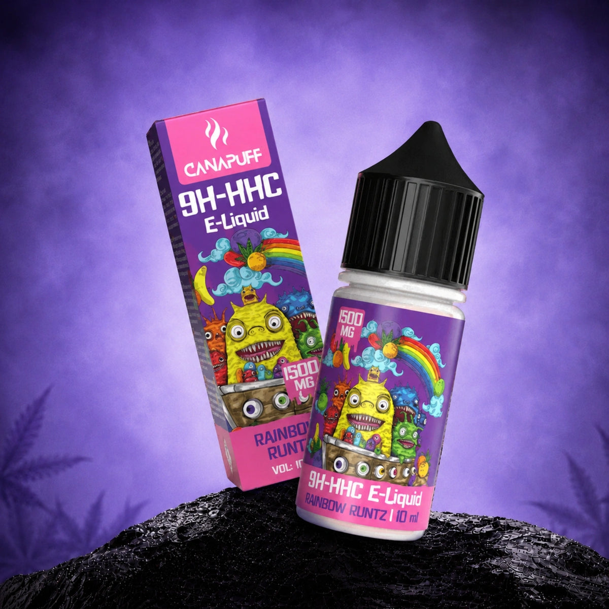 Canapuff 9H-HHC E-Liquid Rainbow Runtz 1500mg v 10ml fľaštičke s krabičkou na fialovom pozadí