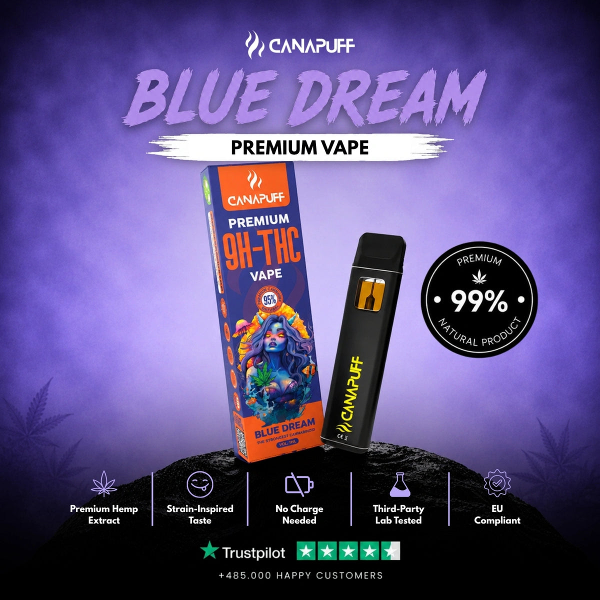 9H-THC Vape Blue Dream 95% 1ml – jednorazové vape pero, foto 2