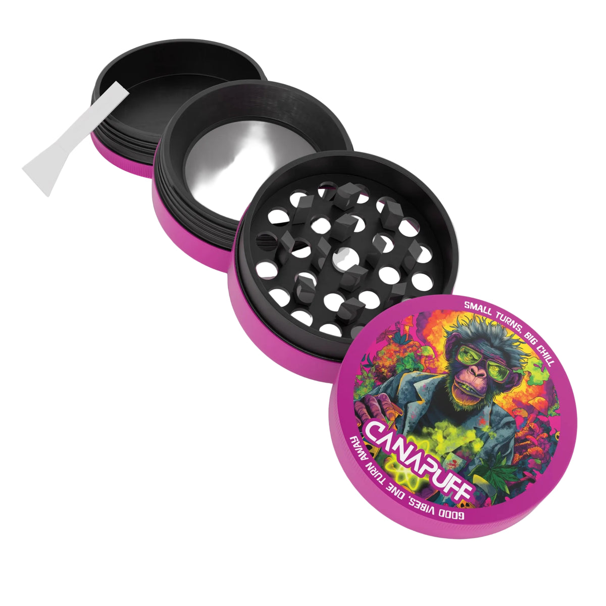 Canapuff kovový grinder Atomic Monkey, malý, ružovo-čierny