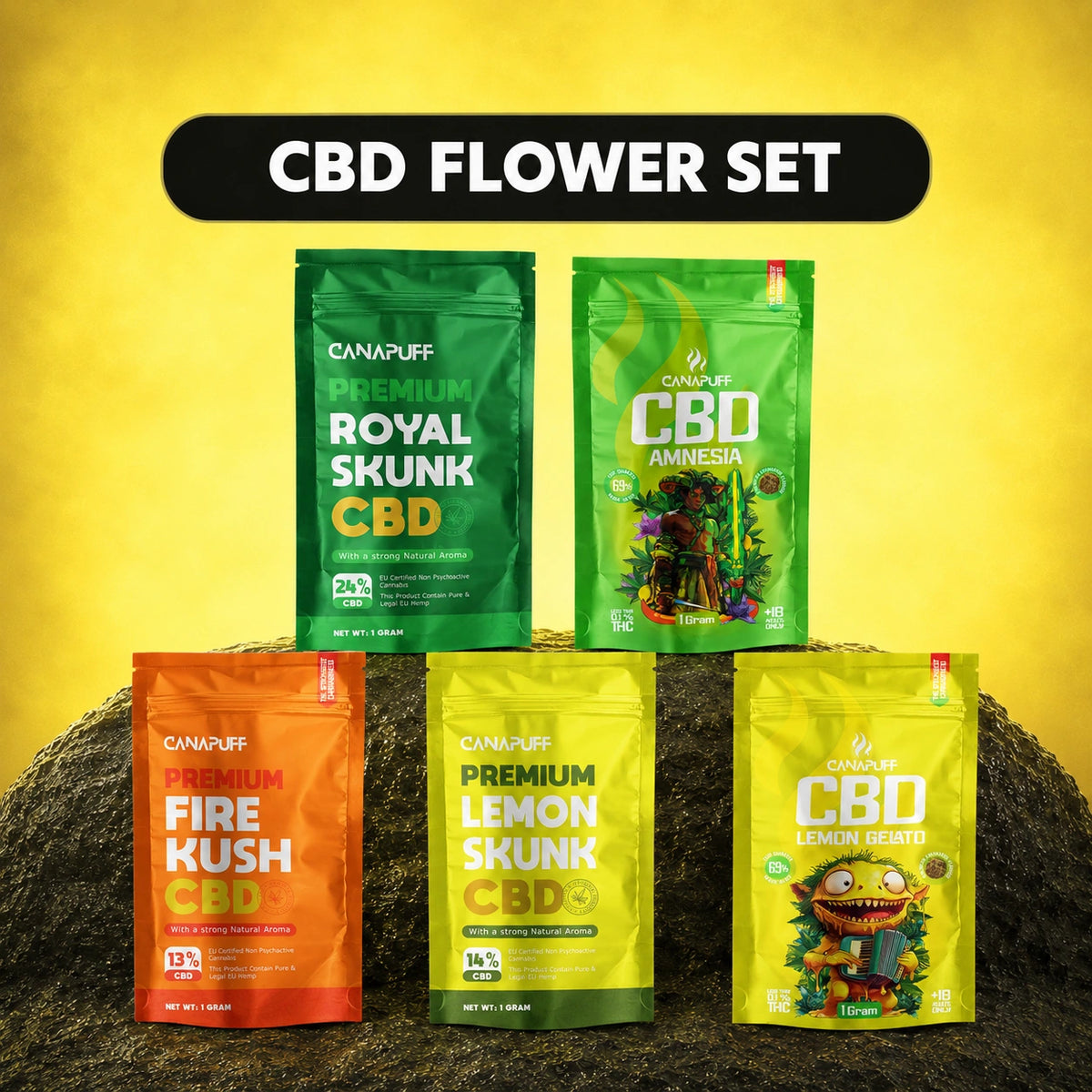 Canapuff CBD sada kvetov s piatimi vreckami: Royal Skunk, Fire Kush, Lemon Skunk, Amnesia a Lemon Gelato