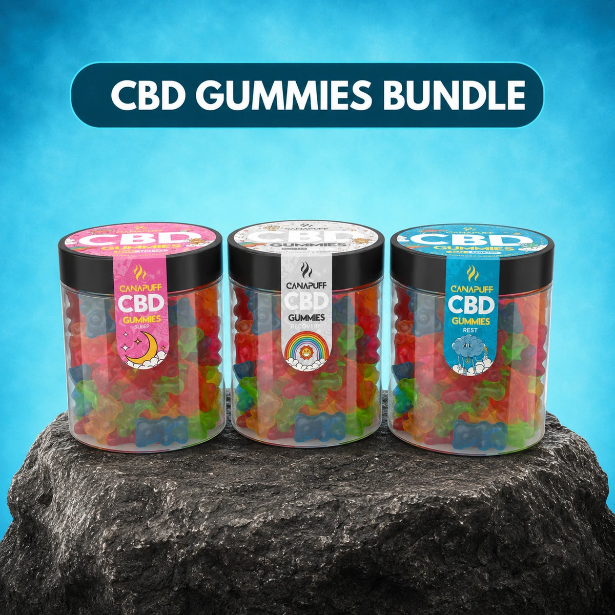 Canapuff CBD Gummies Bundle, 3 dózy s rôznymi príchuťami a zloženiami
