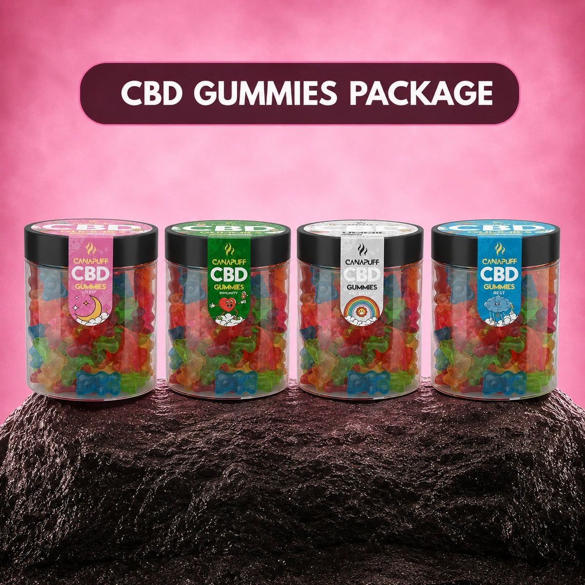 Canapuff CBD gumíky – balíček, štyri dózy s rôznymi príchuťami