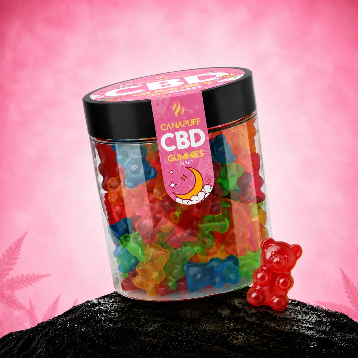 Canapuff CBD Gumíky Sleep, farebné medvedíky v sklenenej dóze s čiernym viečkom