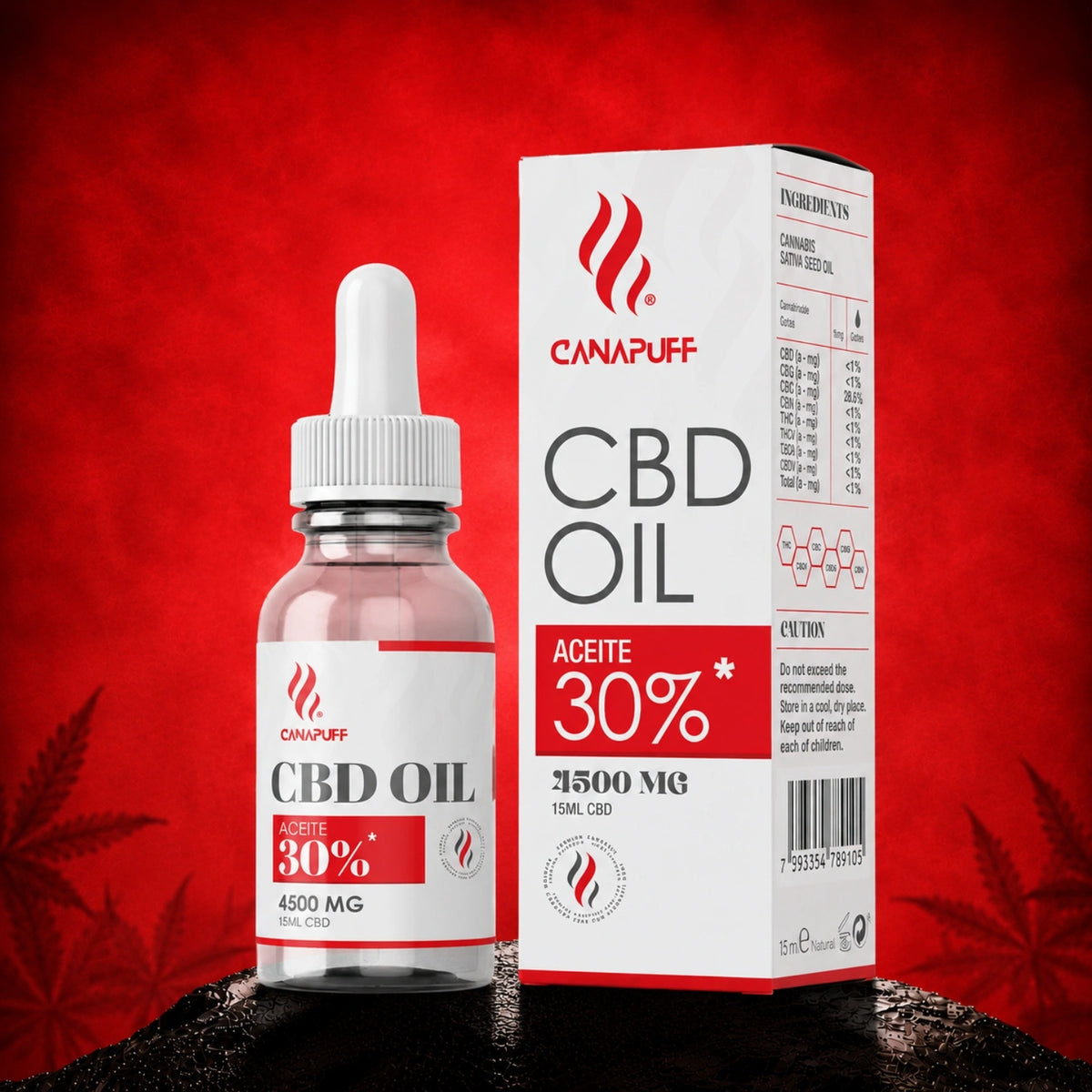 Canapuff CBD olej 30%, 4500 mg, 15 ml fľaštička s kvapkadlom a obalovou krabičkou