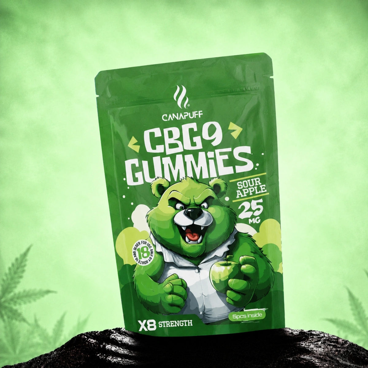 Canapuff CBG9 Gumíky Sour Apple 25 mg, 5 kusov vo vrecku
