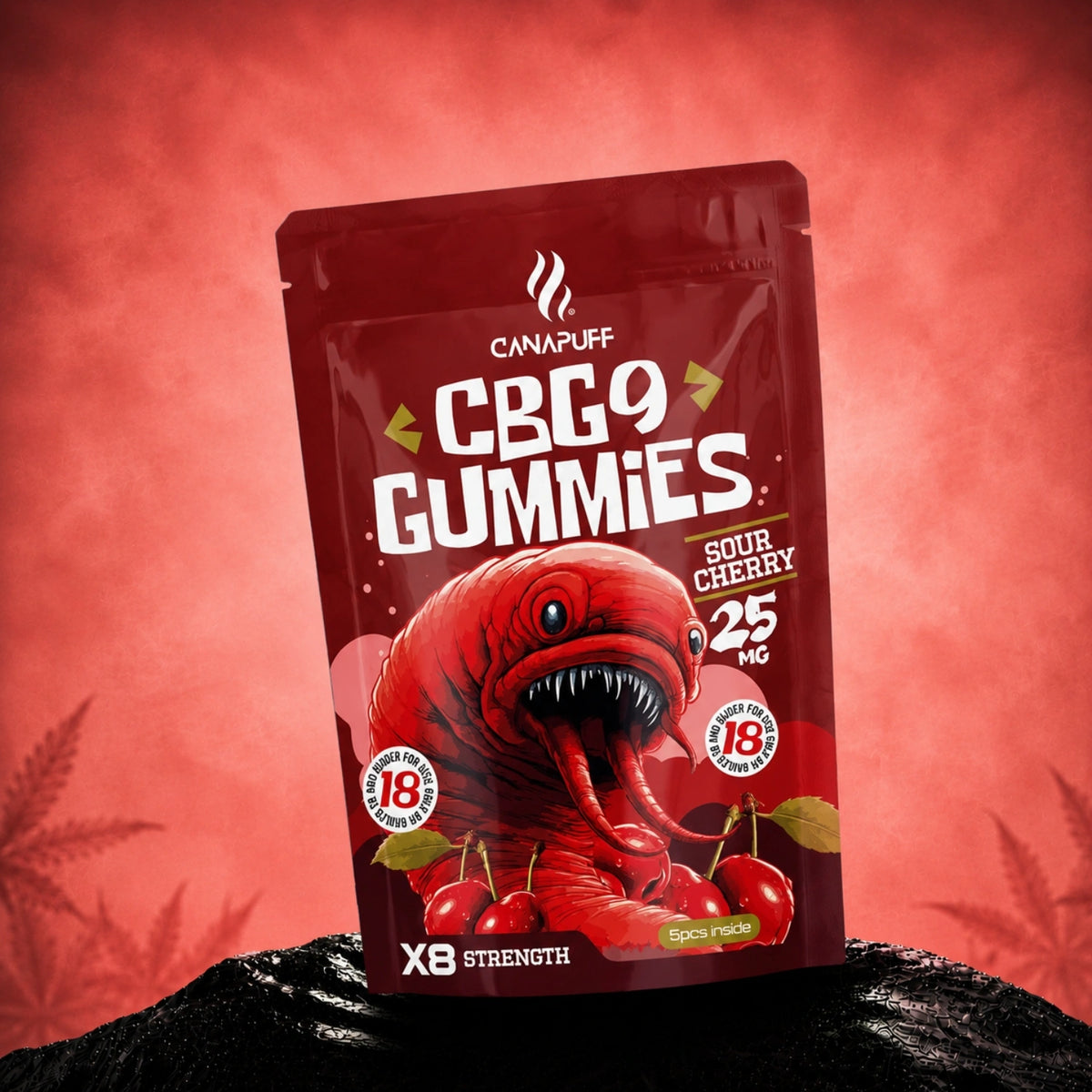 Canapuff CBG9 gumíky Sour Cherry 25 mg, 5 kusov vo vrecku, sila X8
