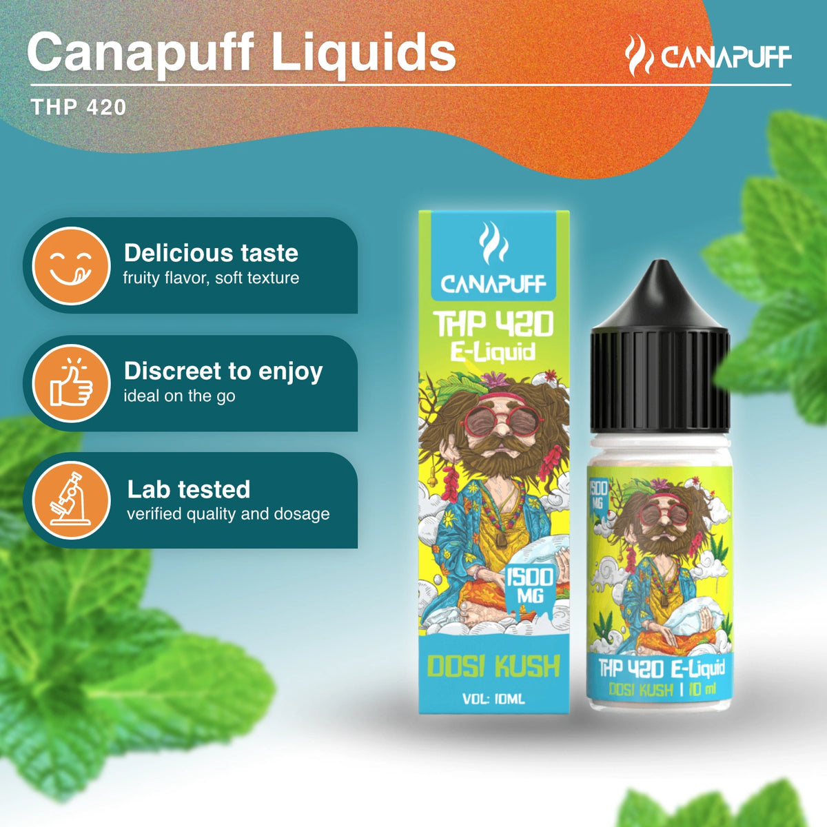 Canapuff THP 420 E-Liquid Dosi Kush 1500 mg 10 ml vape fľaštička s kvapkadlovým uzáverom