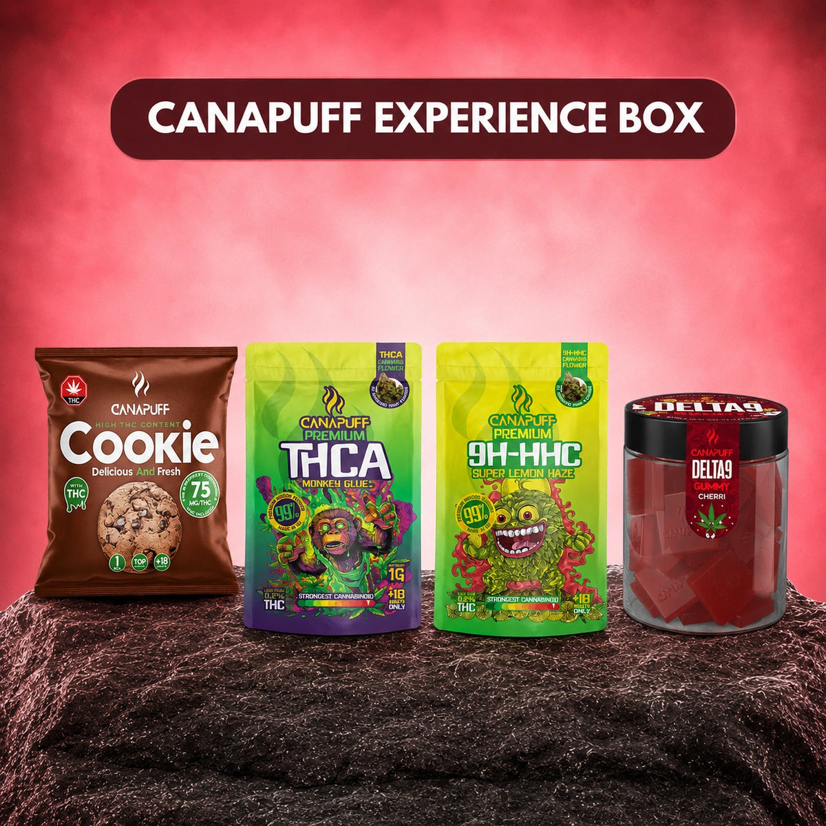 Canapuff Experience Box s cookie, kvetmi a hard candy