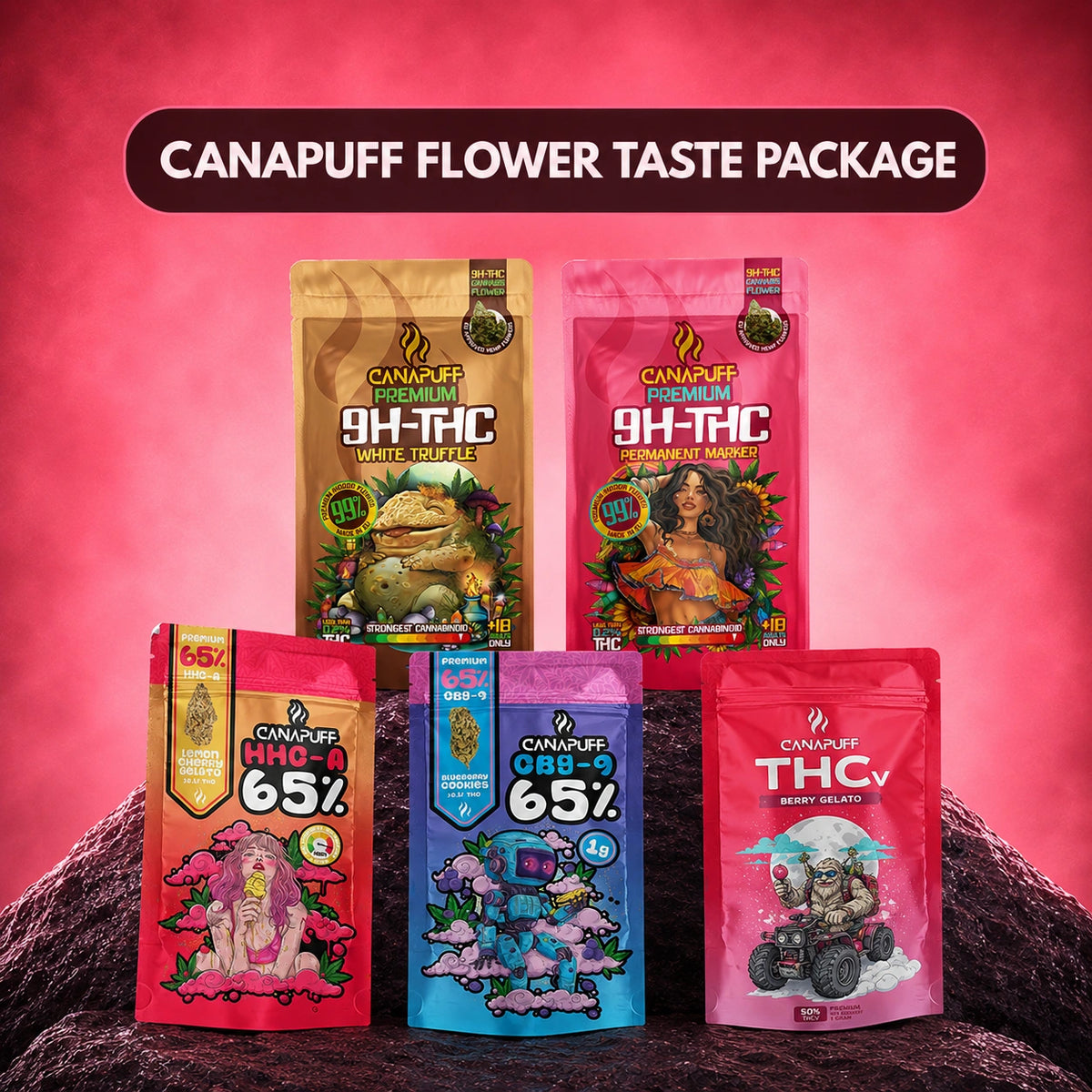 Canapuff Flower Taste Package s Delta-9 THC kvetmi cannabisu v rôznych príchutiach