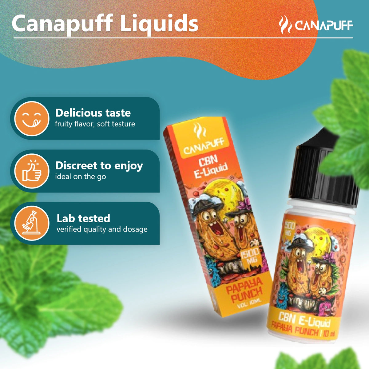 Canapuff CBN e-liquid Papaya Punch 1.500mg 10ml vape fľaštička