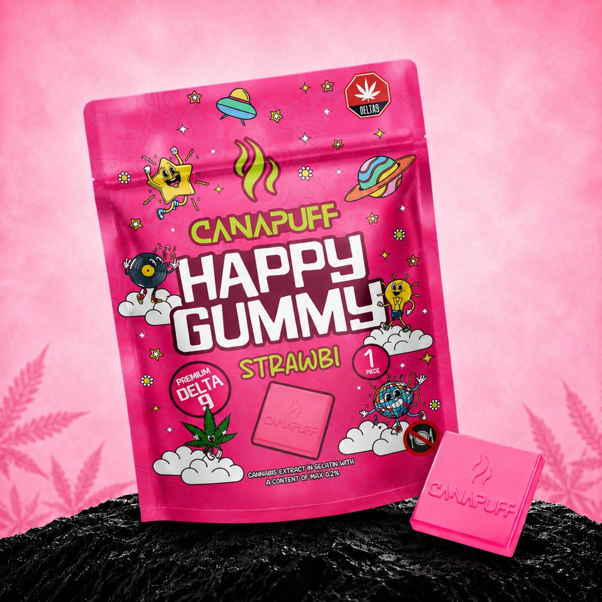 Canapuff Happy Gummy Strawbi, gumík s Delta-9 THC z konope, 1 kus