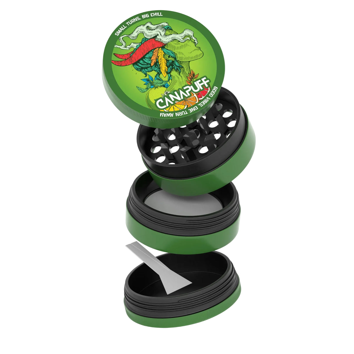 Canapuff kovový grinder s motívom Green Crack, viackomorový dizajn