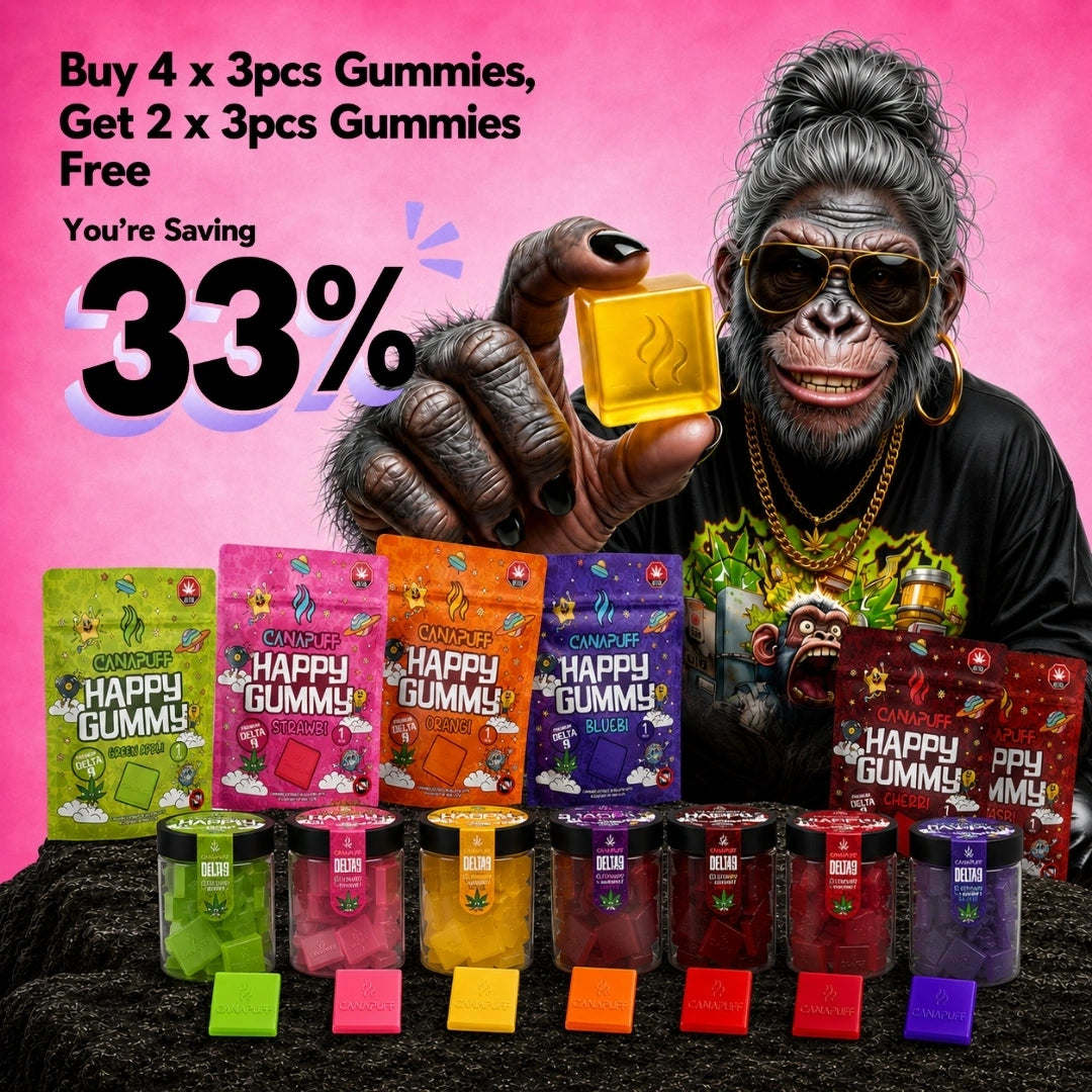 Akcia Canapuff Happy Gummy: kúp 4 balenia gumíkov a 2 dostaneš zadarmo, s vreckami a dózami