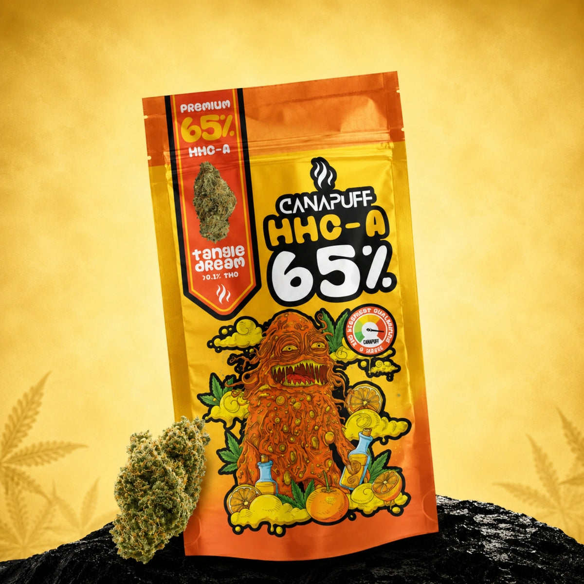 Canapuff HHC-A Kvety Tangie Dream 65% v oranžovo-žltom vrecku s viditeľnou kvetovou palicou
