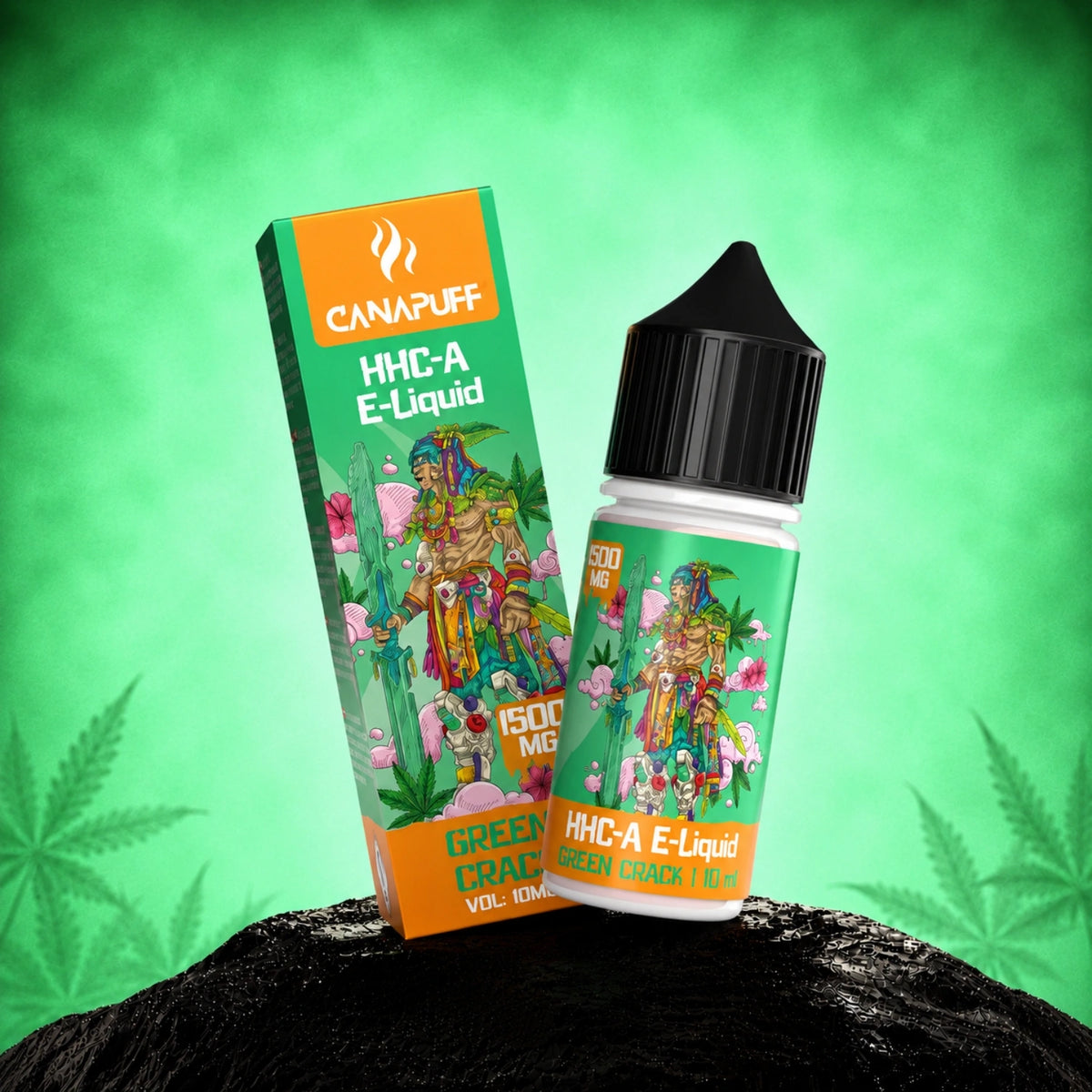 Canapuff HHC-A E-Liquid Green Crack 1500mg fľaštička a krabička na zelenom pozadí