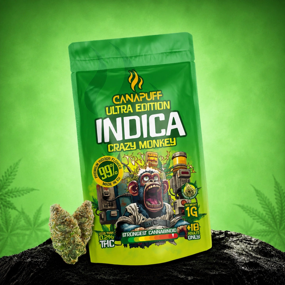 Canapuff Indica Crazy Monkey Ultra Edition kvety, 1g vrecko, sila kanabinoidov 99%