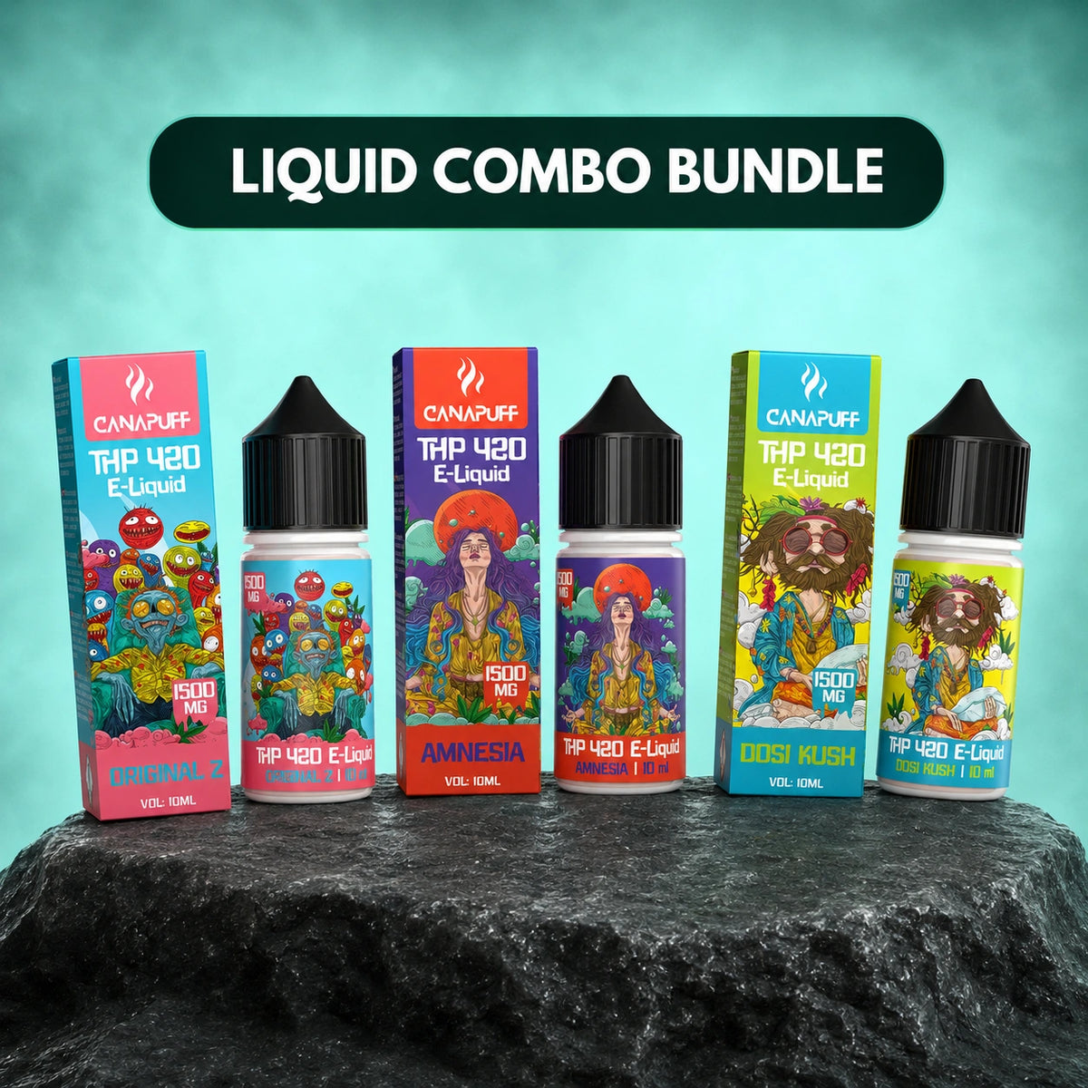 Canapuff Liquid Combo Bundle, THP 420 E-Liquid, tri 10ml fľaštičky s celkovo 1,500 mg