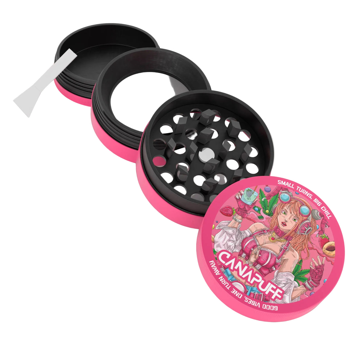 Canapuff kovový grinder Lychee Dream s ružovo-čiernym dizajnom