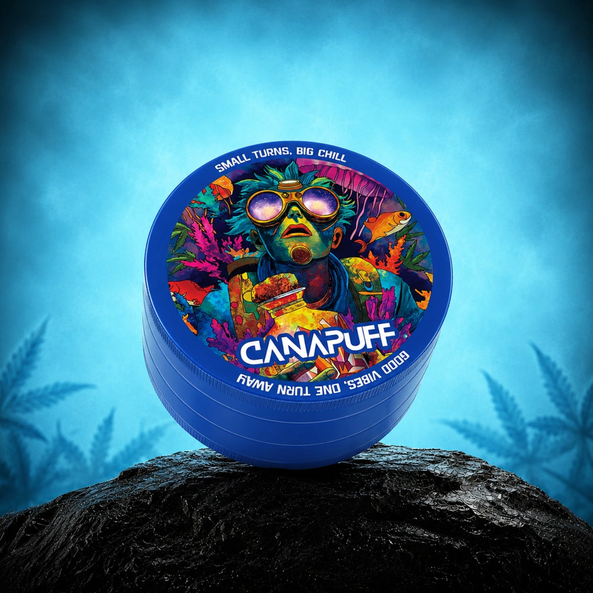 Kovový grinder Canapuff Deep, modrý grinder s farebným motívom