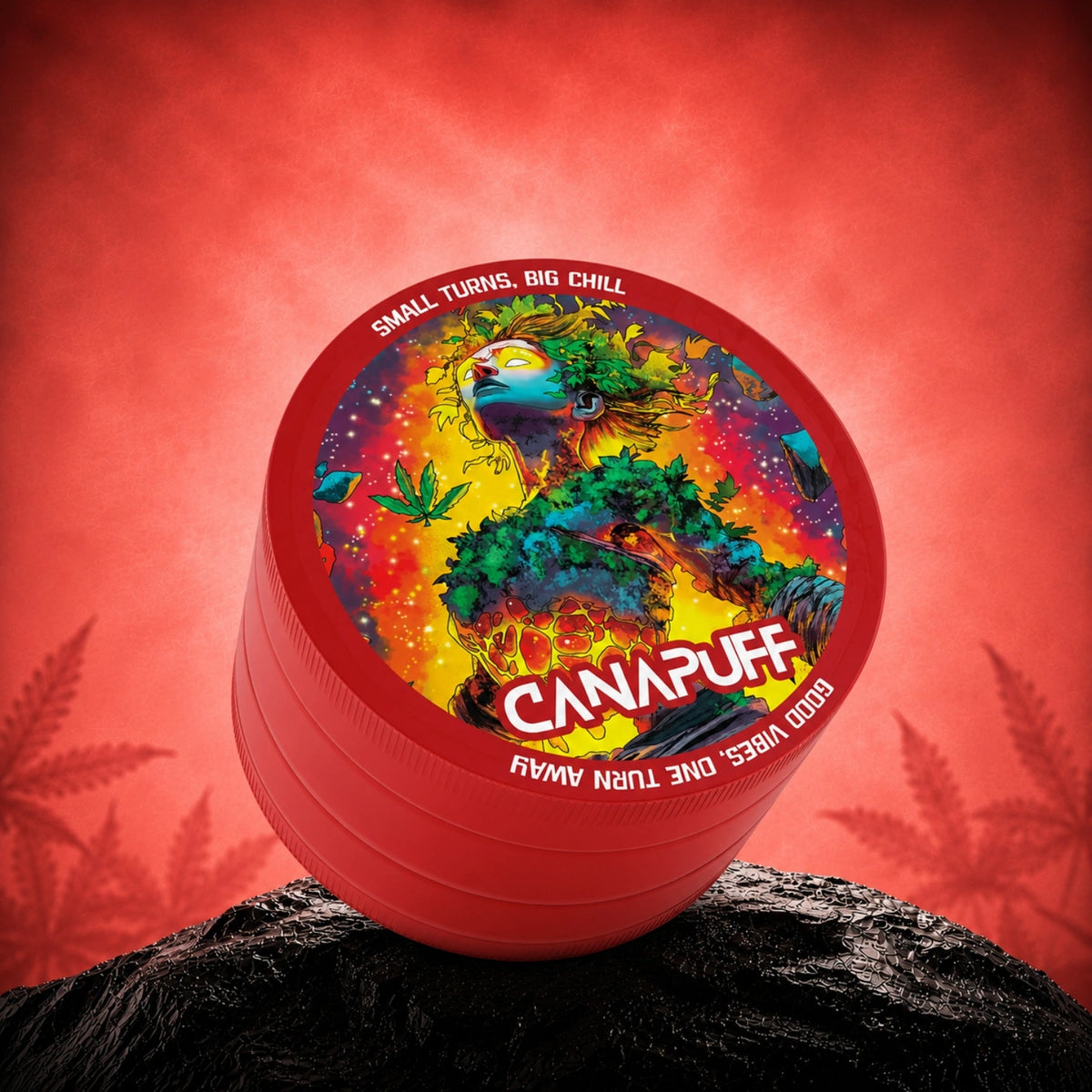Canapuff kovový grinder Euforic, červený grinder na byliny s farebnou grafikou