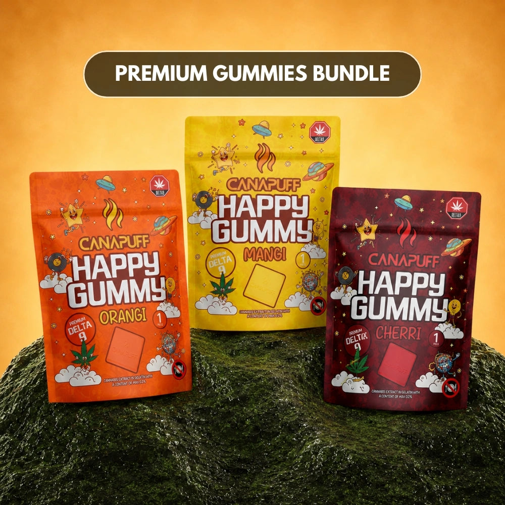 Canapuff Happy Gummy balíček s Delta-9 THC: príchute Orangi, Mangi, Cherri, 3 vrecká