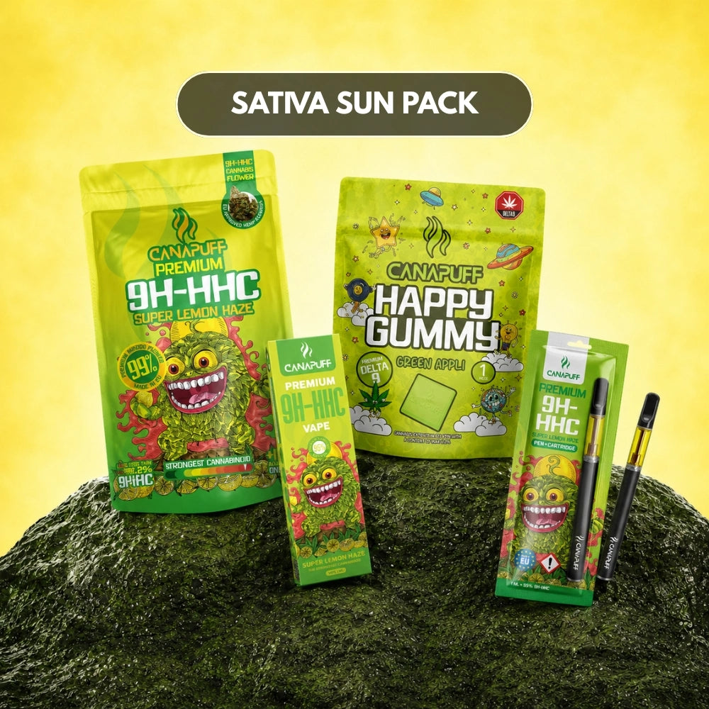 Canapuff Sativa Sun Pack balíček s kvetmi, gumíkmi, vape liquidom a kazetou do pera