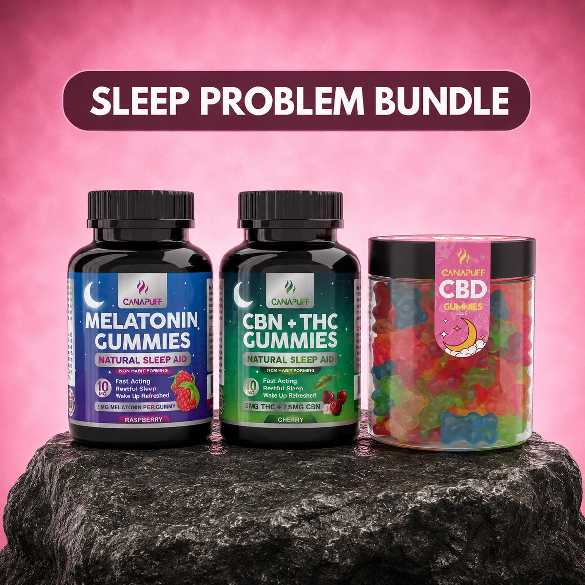 Canapuff Sleep Problem Bundle s melatonínovými gumíkmi, CBN plus THC gumíkmi a CBD gumíkmi