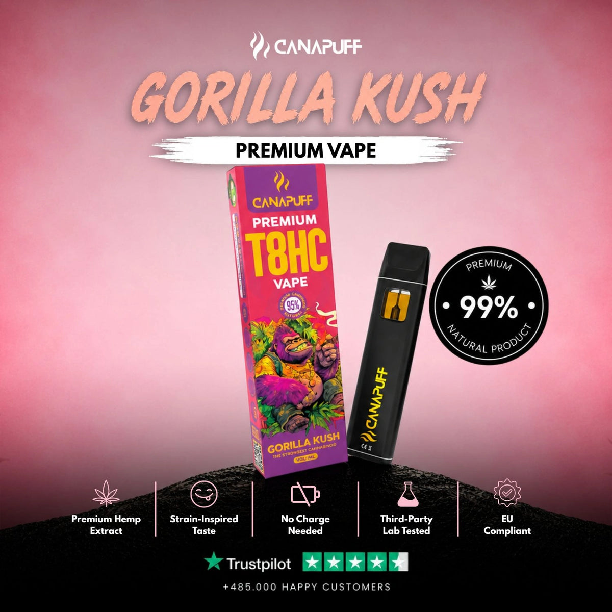 T8HC Vape Gorilla Kush 95% 1ml – jednorazové vape pero, foto 2