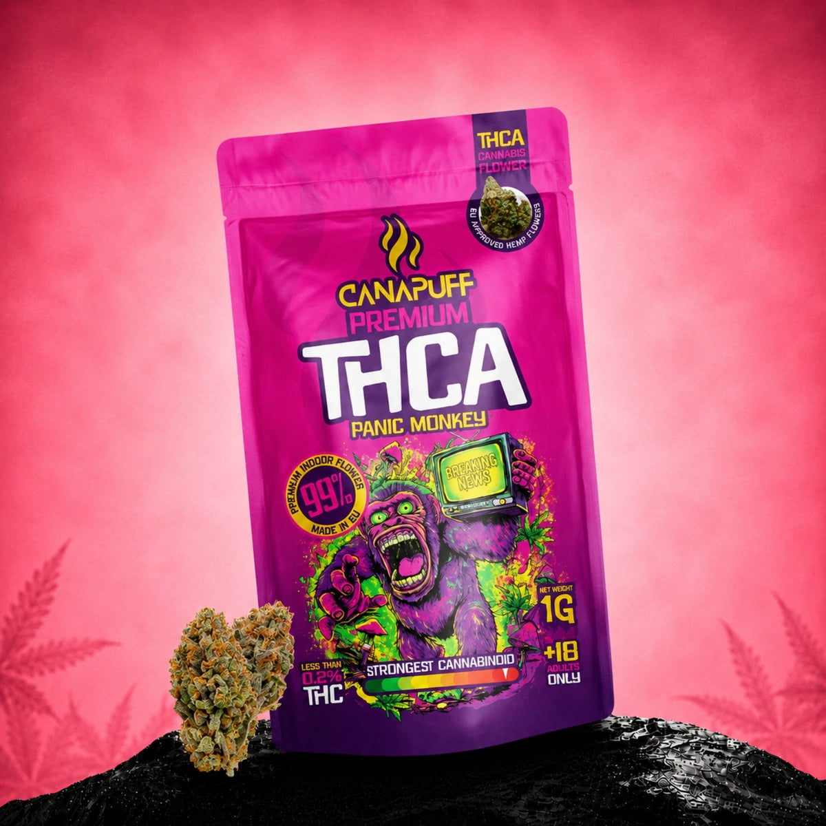 Canapuff THCA Panic Monkey kvety 1g vrecko, 99% kanabinoid z konope