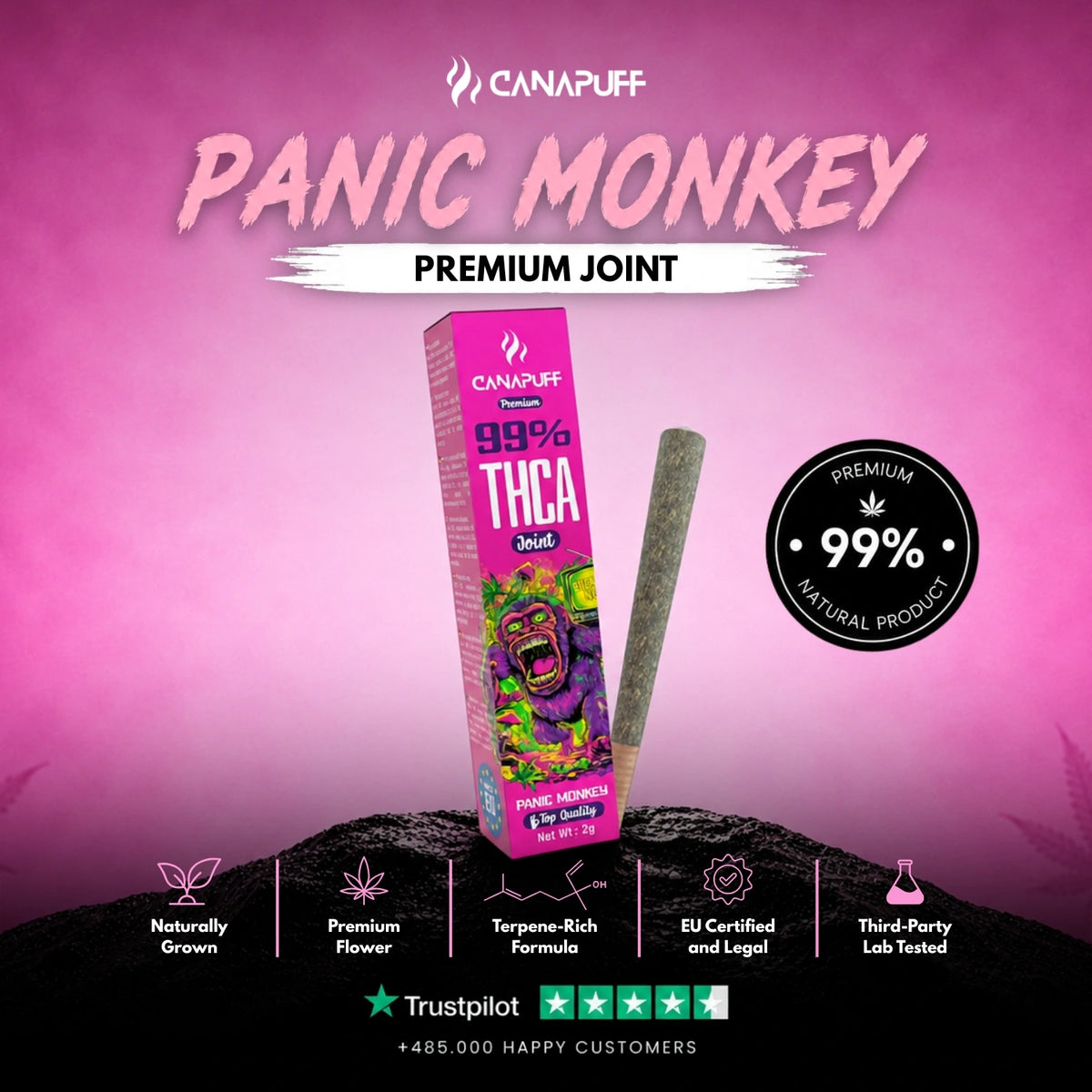 THCA Joint Panic Monkey 99% 2g – predbalený joint, foto 2