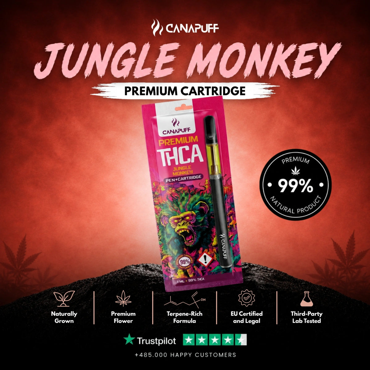 THCA Pen+Kazeta Jungle Monkey 99% – vape pero s kazetou, foto 2