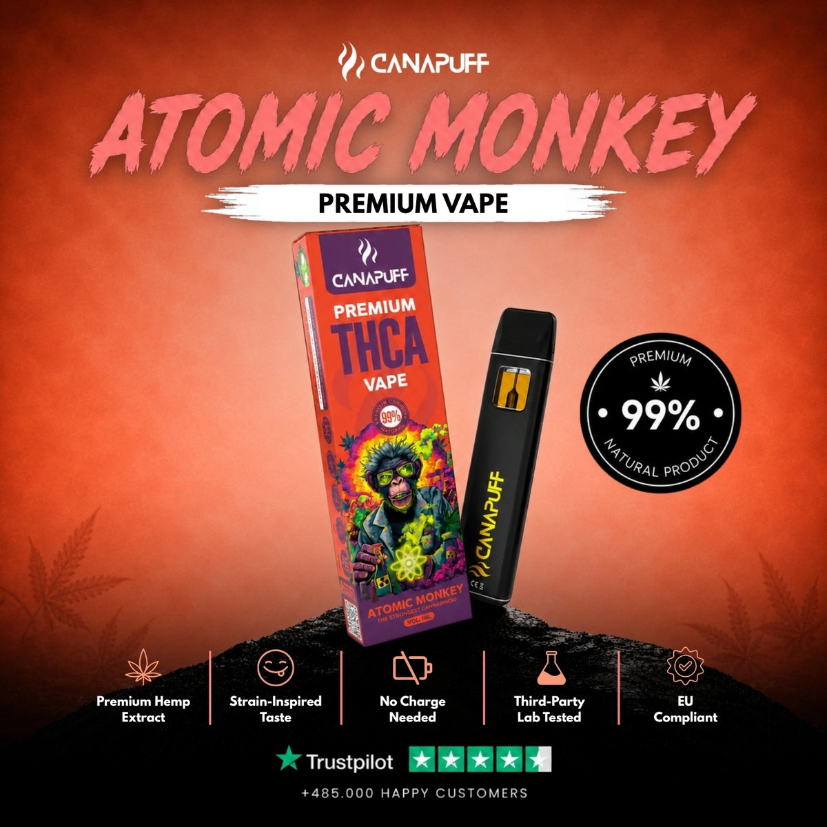 THCA Vape Atomic Monkey 99% 1ml – jednorazové vape pero, foto 2