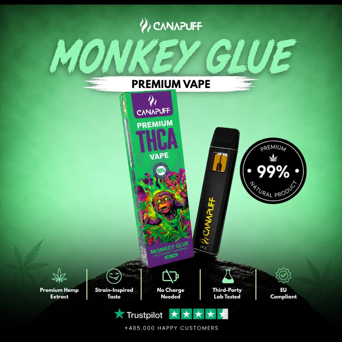 THCA Vape Monkey Glue 99% 1ml – jednorazové vape pero, fotka 2