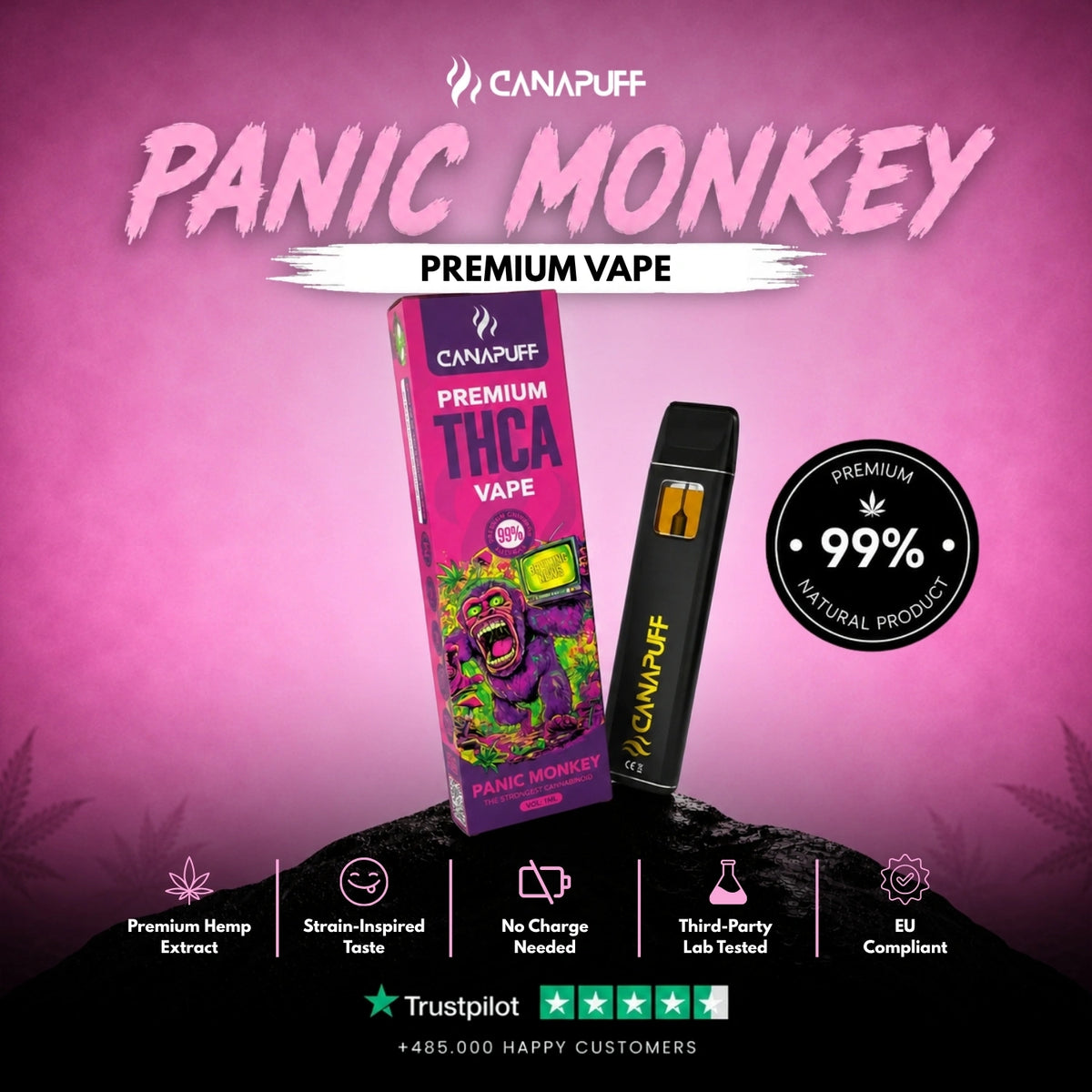 THCA Vape Panic Monkey 99% 1ml – jednorazové vape pero, foto 2