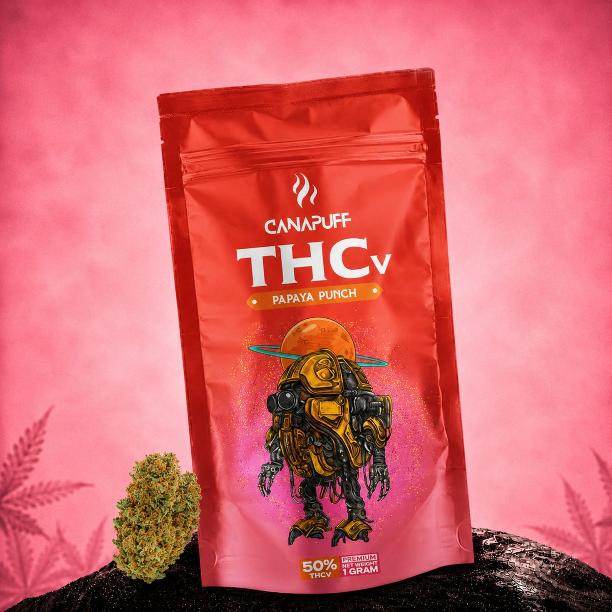 Canapuff THCv Kvety Papaya Punch 50%, 1g vrecko na ružovom pozadí
