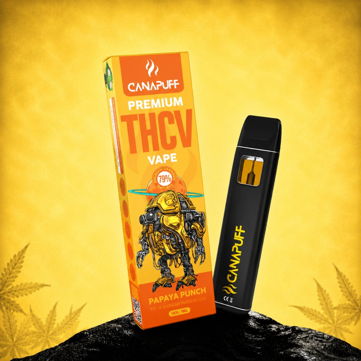 Canapuff THCv Vape Papaya Punch 79% 1ml jednorazové pero s oranžovou krabičkou