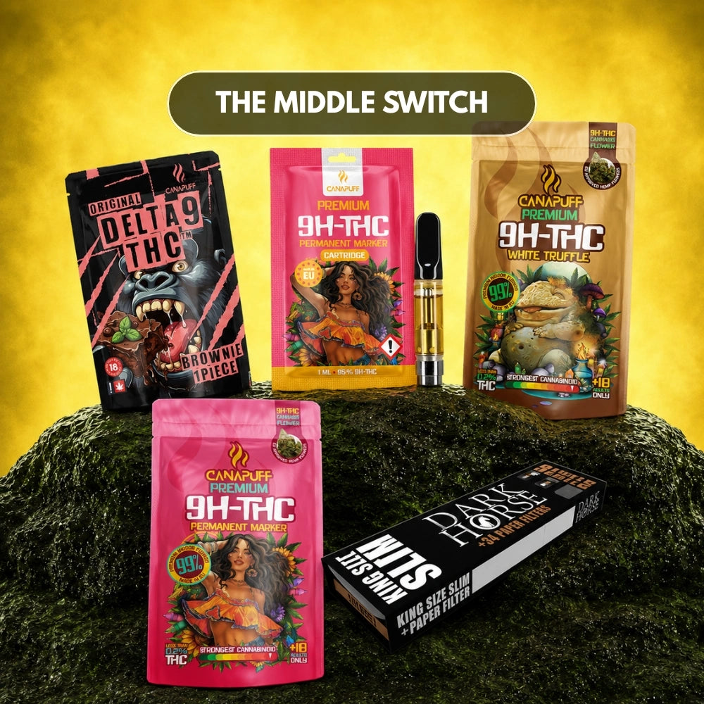 Canapuff kolekcia The Middle Switch s 9H-THC vapmi, kvetmi, kazetami a fajčiarskymi doplnkami