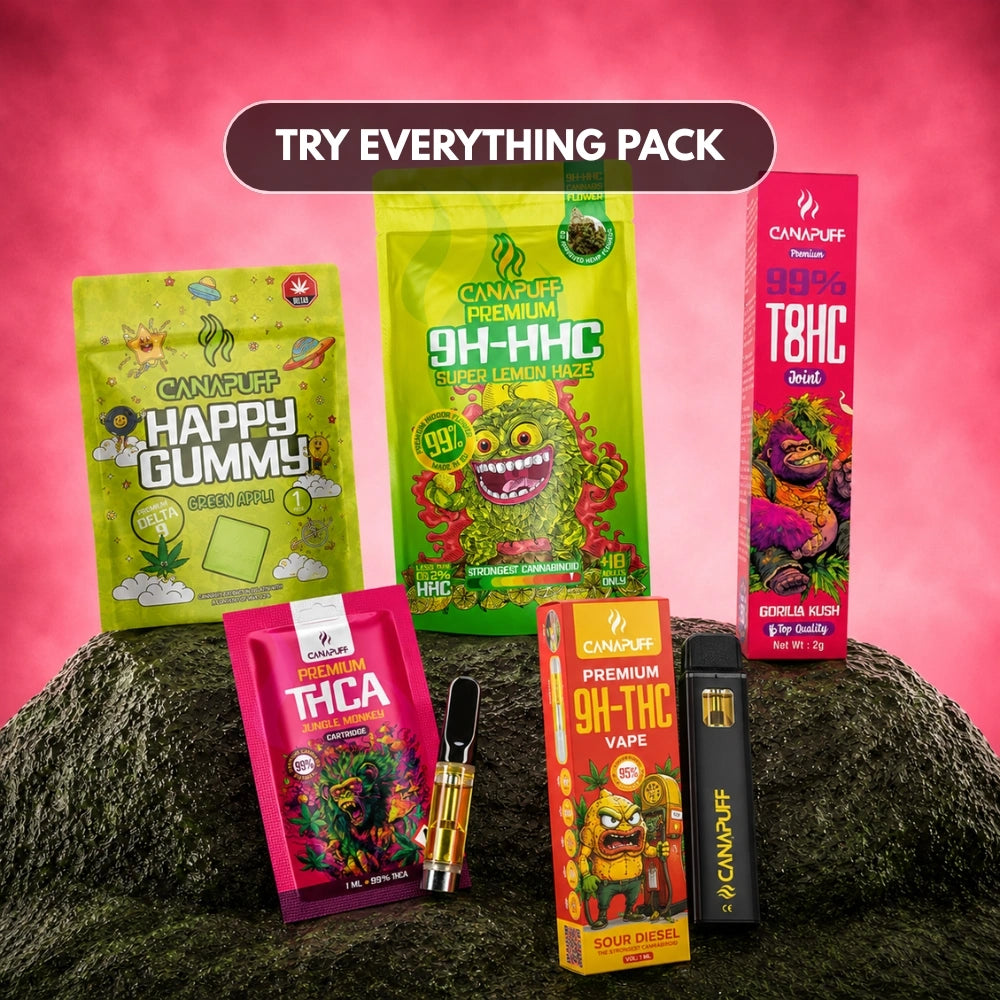 Canapuff Try Everything Pack bundle s gumíkmi, kvetmi, vapom a kazetou
