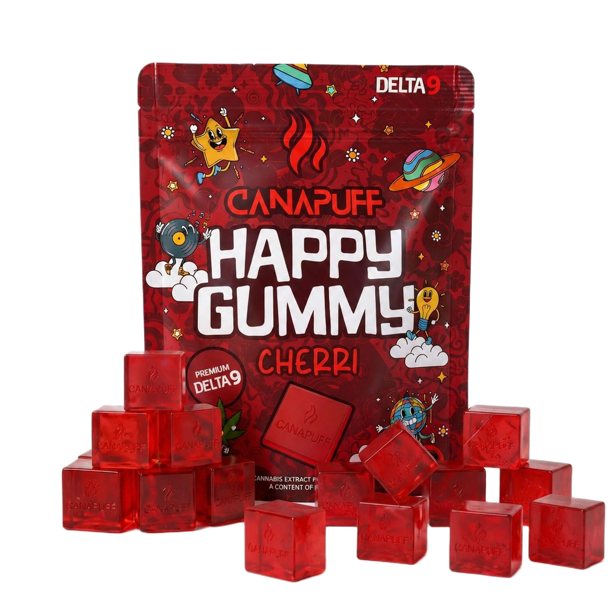 Vrecko Canapuff Happy Gummy Delta-9 s čerešňovými gumíkmi v podobe červených kociek