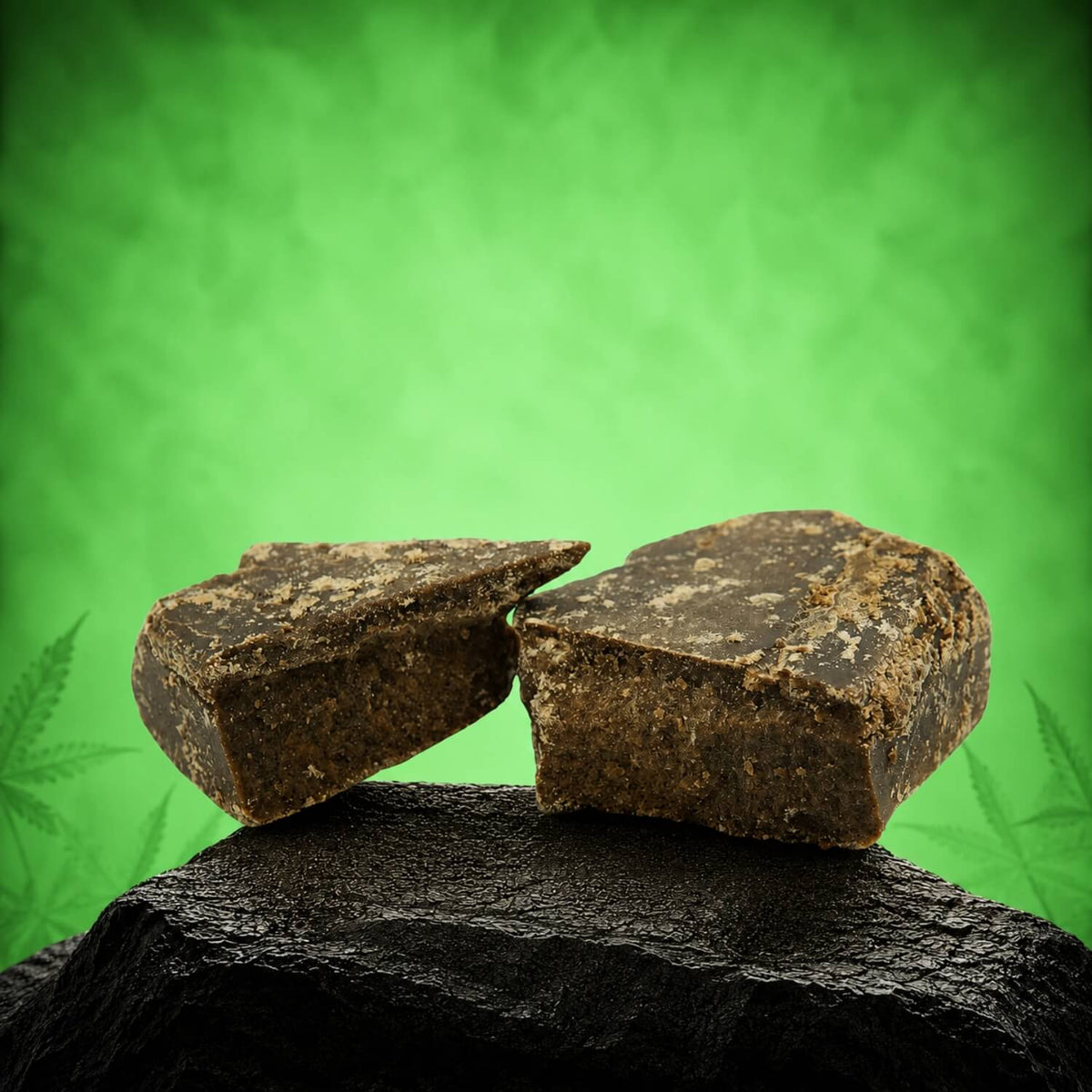 Canapuff Dry Sift Hash, dva kúsky tmavého lisovaného hašišu na čiernom kameni