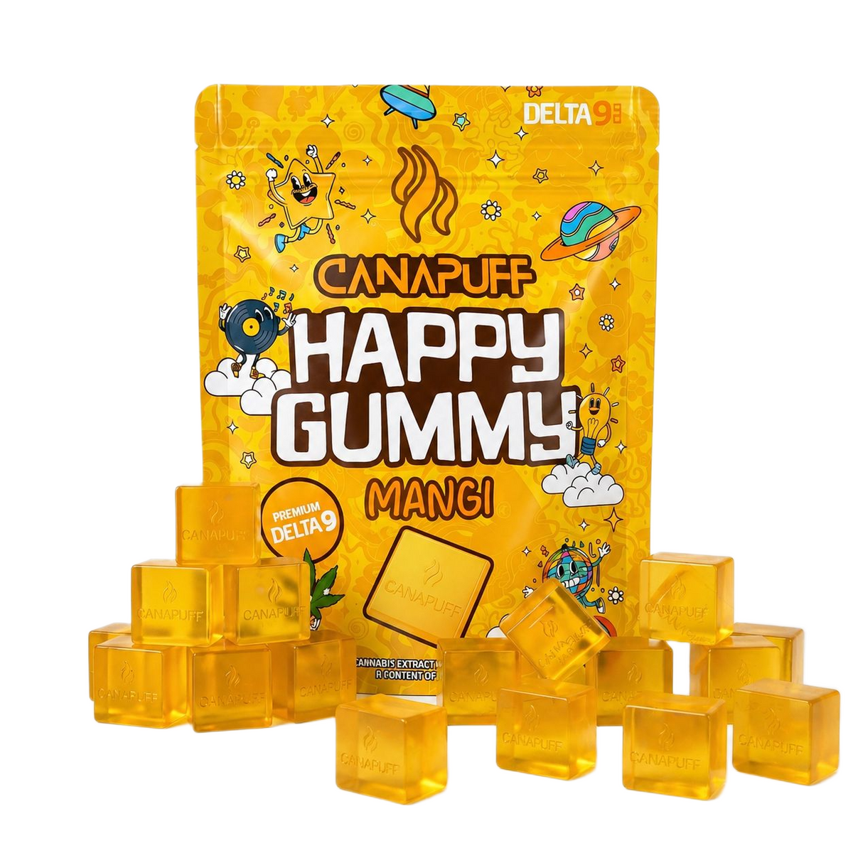 Canapuff Happy Gummy Delta-9 Mango gumíky v žltom vrecku s jednotlivými gumovými kockami