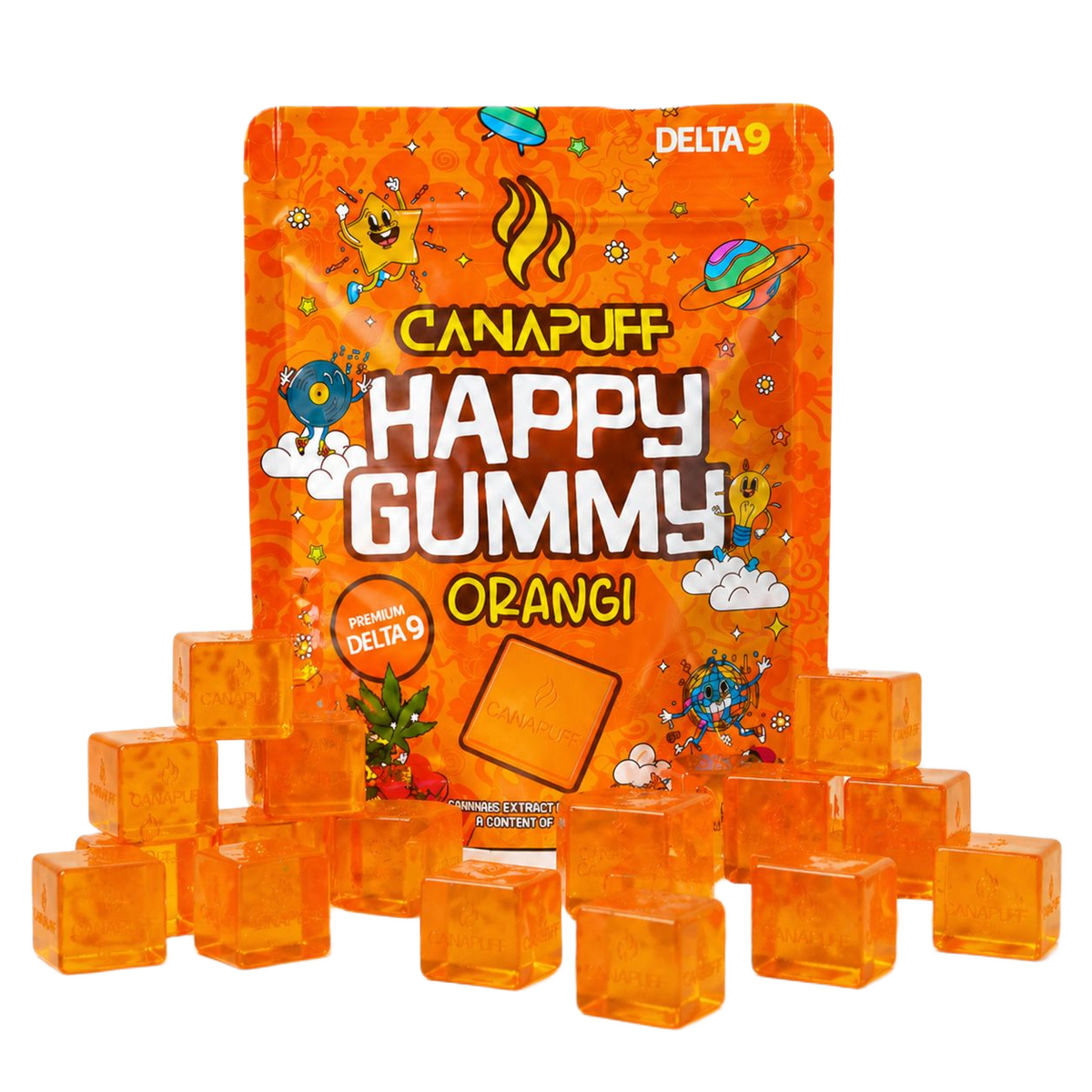 Canapuff Happy Gummy Orange Delta-9 THC, vrecko gumíkov so zobrazenými jednotlivými gumíkmi