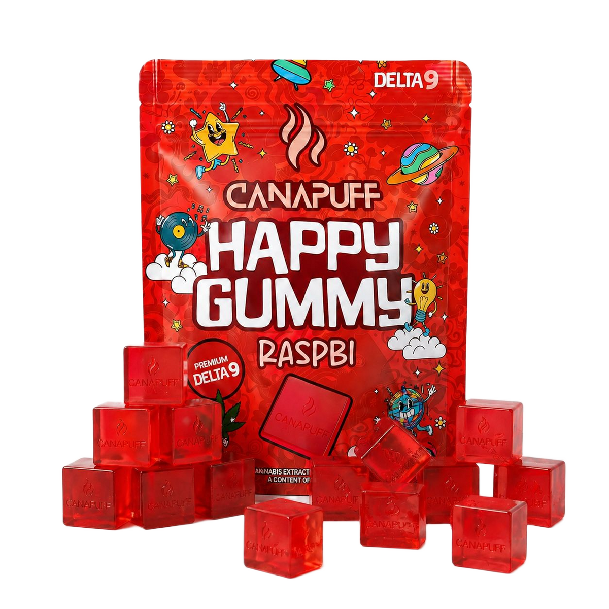 Canapuff Happy Gummy Delta 9 Raspberry – vrecko gumíkov s jednotlivými gumovými kockami